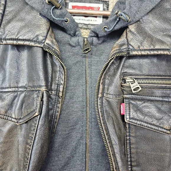 Levi's Men's Faux Leather Sherpa Hoodie‎ Jacket XXL Brown Distressed Grunge Moto